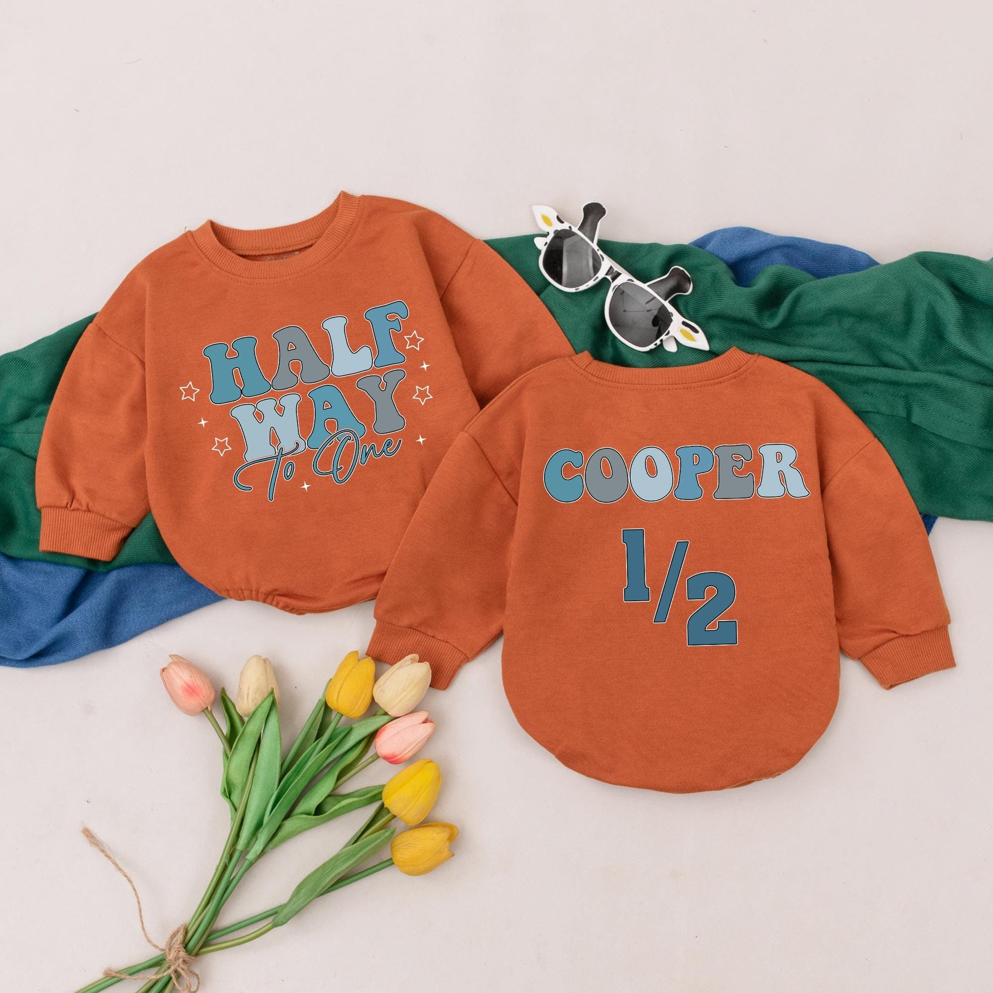 Half Way To One Blue Gradient Romper 6 Month Birthday Boy Outfit with Star & Plus Sign Details, Personalized Cooper 1/2 Baby Gift