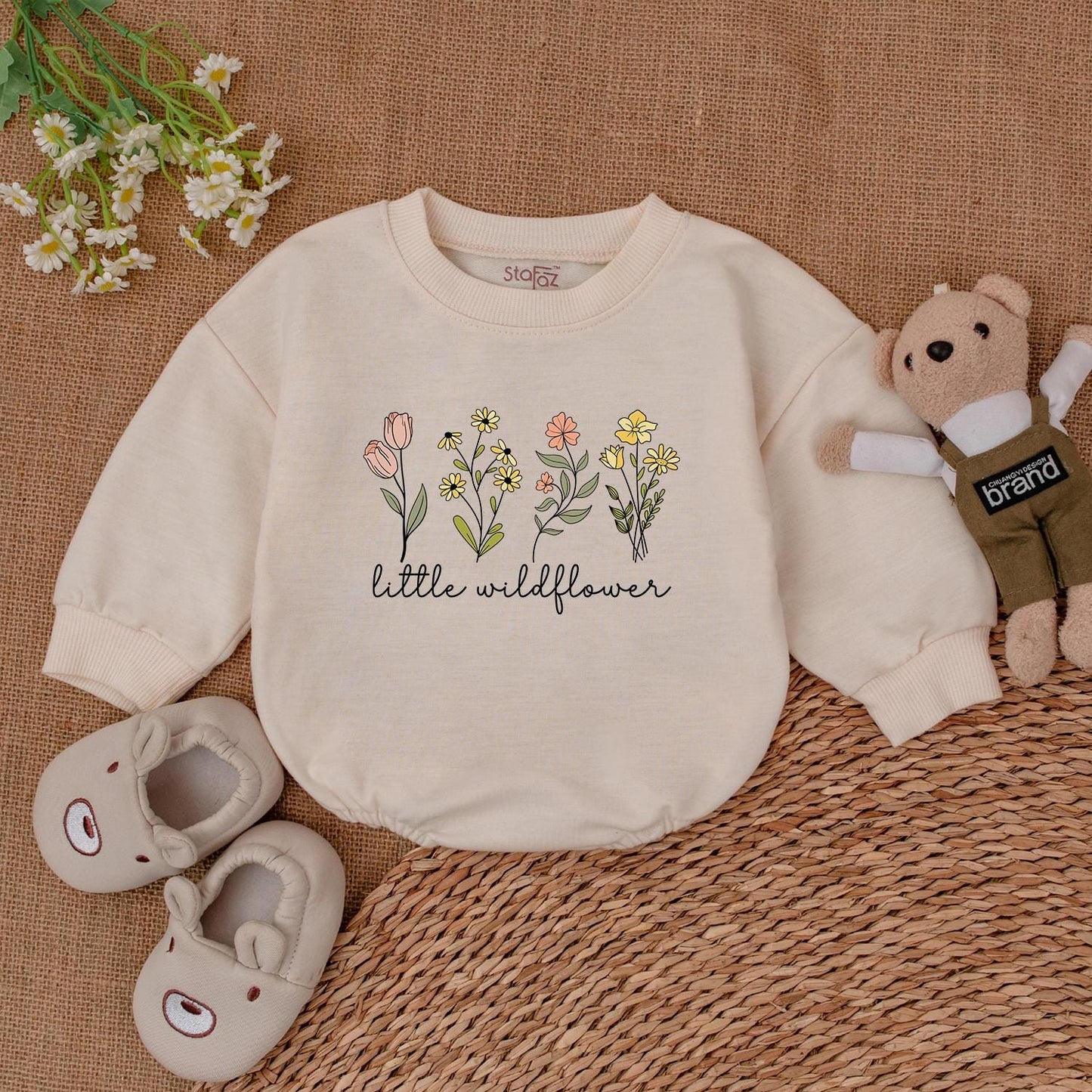 Little Wildflower Baby Romper Sweet Floral Print Pink Yellow Peach Baby Girl Clothes Gift for Shower Newborn