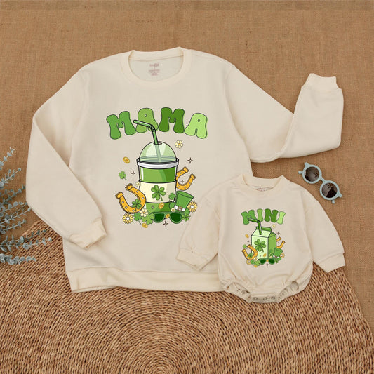 Mama Mini St. Patrick's Day Sweatshirt Family Matching Outfit Clover Mommy and Me Sweater Green