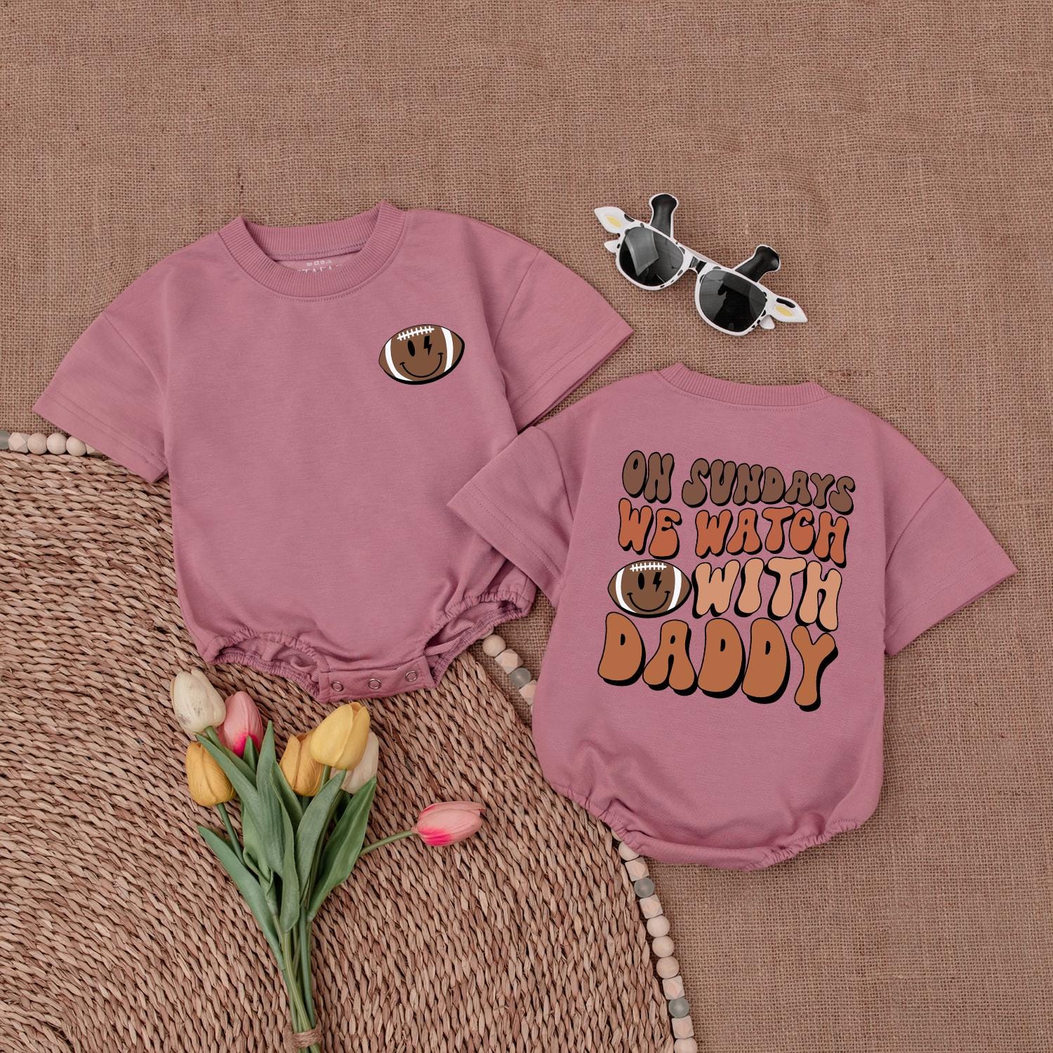 On Sundays We Watch Football with Daddy Baby Romper Retro Game Day Bodysuit Football Lover Gift for Newborn Boys & Girls First Birthday Outfit Football Season Apparel