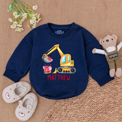 Retro Valentine Excavator Baby Romper - Custom Name, Boy's Retro Valentine's Day Gift, Newborn Outfit, Baby Shower