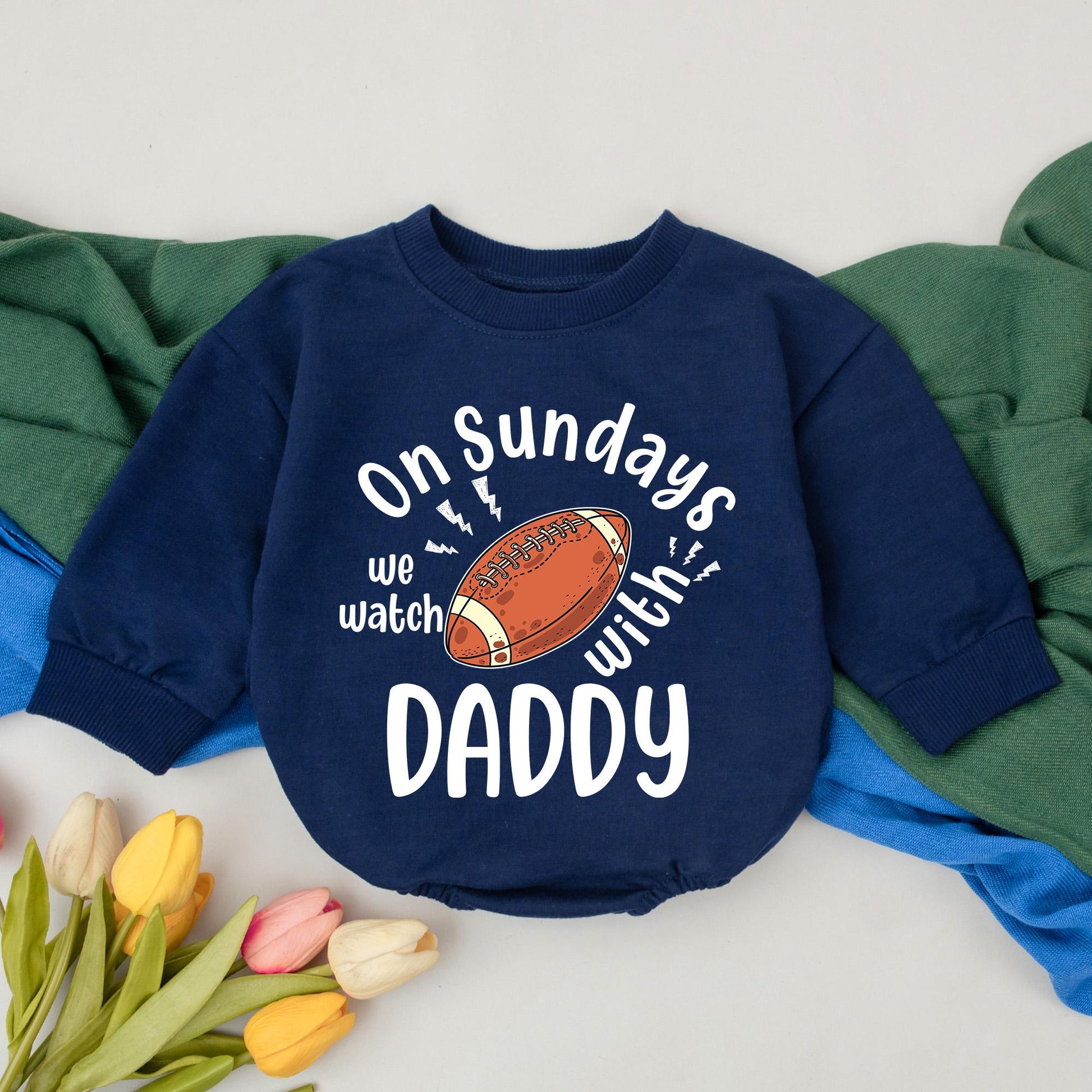 On Sundays We Watch Football with Daddy Baby Romper Game Day Outfit Comfortable Bubble Bodysuit Newborn Infant Fall Football Fan Gift