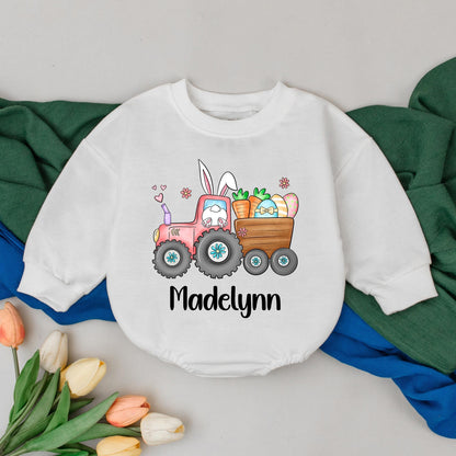 Personalized Eggs-cavator Baby Romper Little Bunny Bodysuit 1st Easter Day Infant Custom Gift Bubble Romper