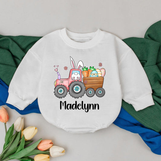 Personalized Eggs-cavator Baby Romper Little Bunny Bodysuit 1st Easter Day Infant Custom Gift Bubble Romper