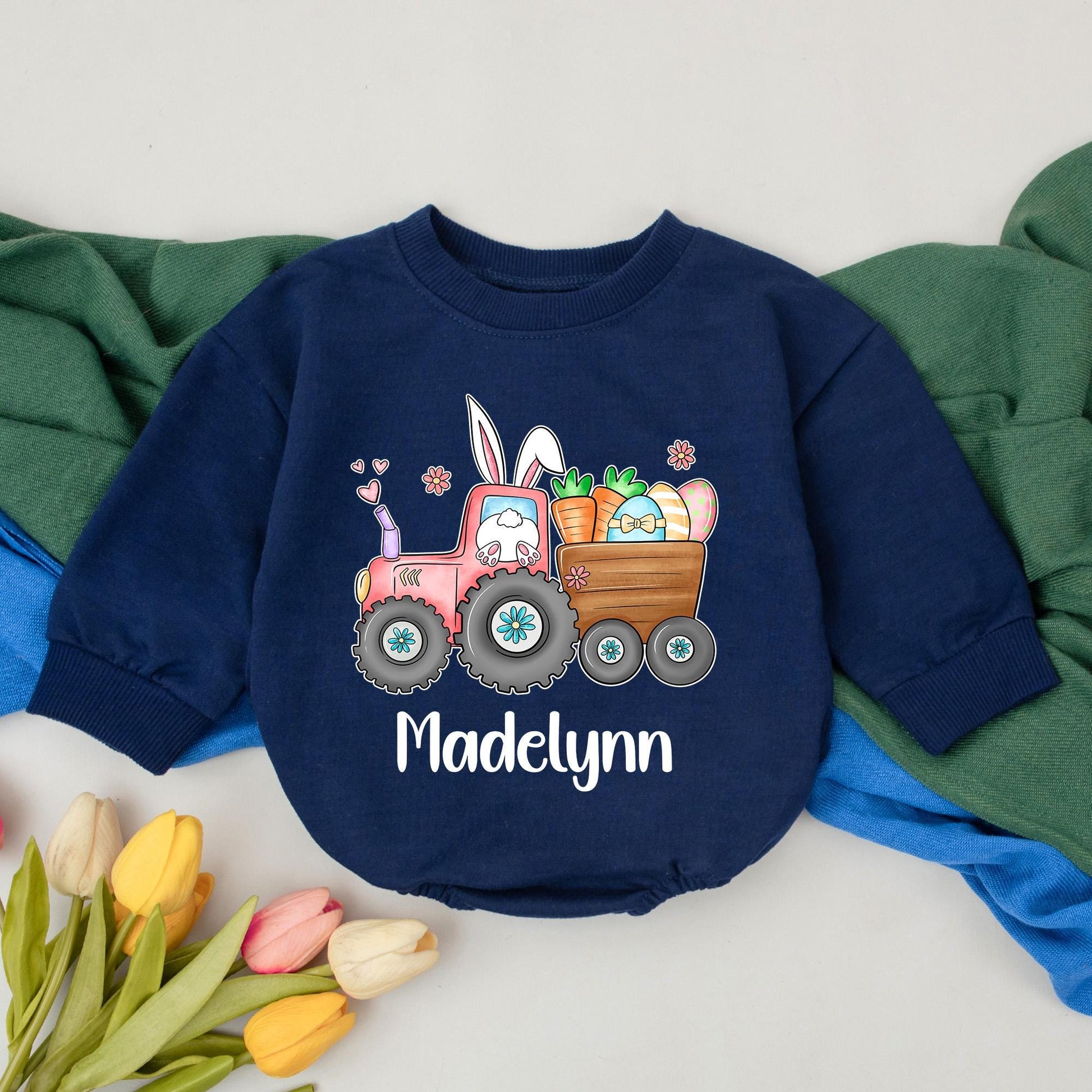 Personalized Eggs-cavator Baby Romper Little Bunny Bodysuit 1st Easter Day Infant Custom Gift Bubble Romper