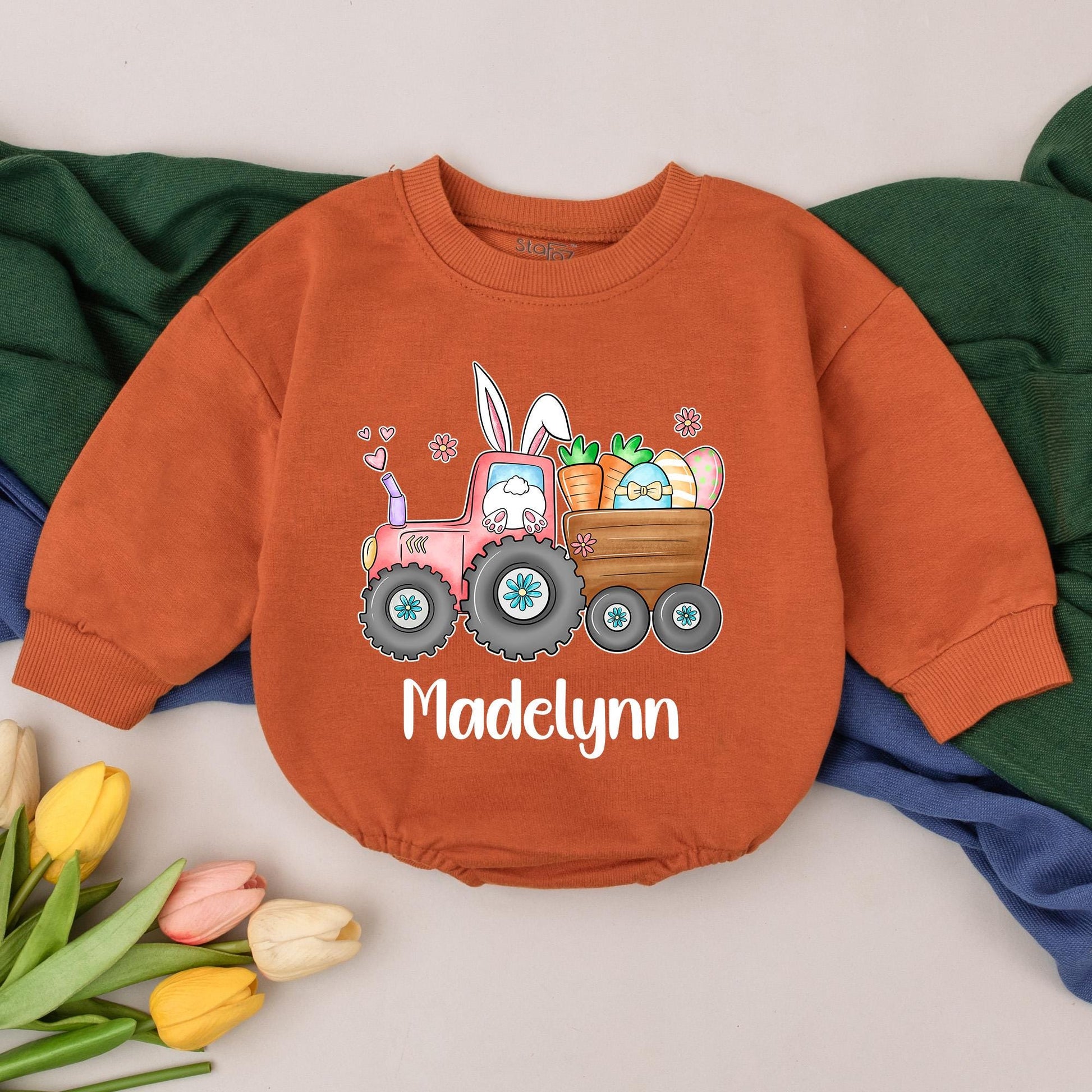 Personalized Eggs-cavator Baby Romper Little Bunny Bodysuit 1st Easter Day Infant Custom Gift Bubble Romper