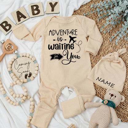 Adventure Awaits Baby Bodysuit & Hat Set Natural Pregnancy Reveal Cute Coming Soon Baby Gift Going Home Outfit