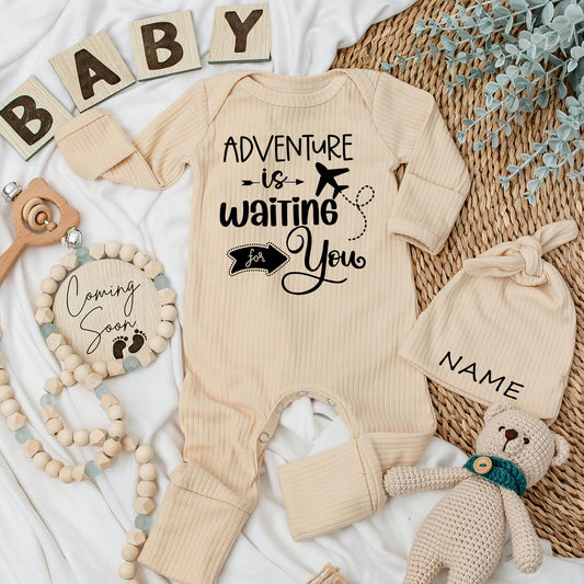 Adventure Awaits Baby Bodysuit & Hat Set Natural Pregnancy Reveal Cute Coming Soon Baby Gift Going Home Outfit