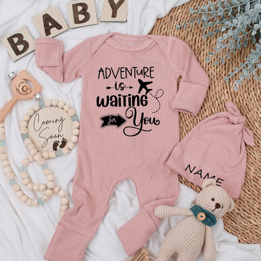 Adventure Awaits Baby Bodysuit & Hat Set Natural Pregnancy Reveal Cute Coming Soon Baby Gift Going Home Outfit