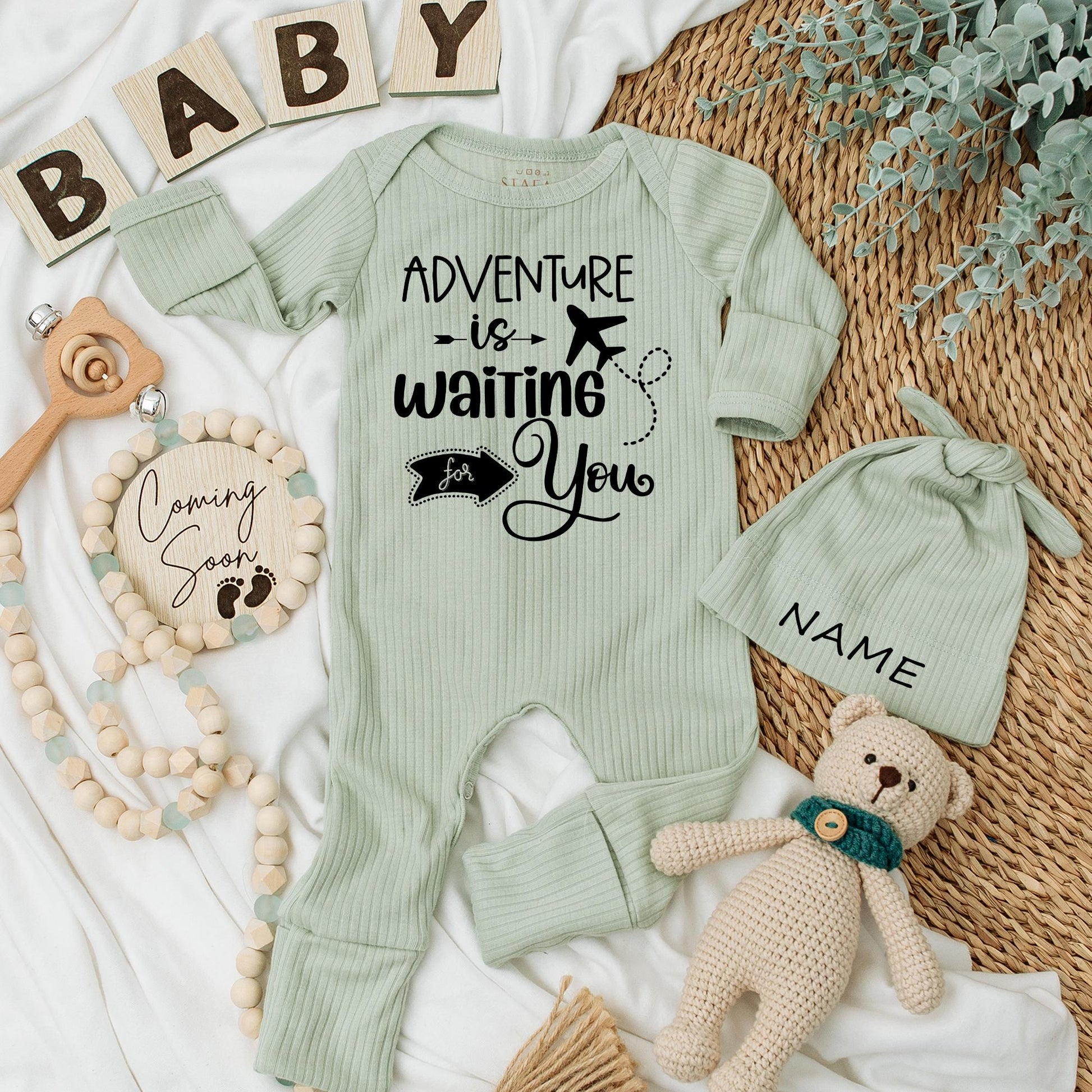 Adventure Awaits Baby Bodysuit & Hat Set Natural Pregnancy Reveal Cute Coming Soon Baby Gift Going Home Outfit