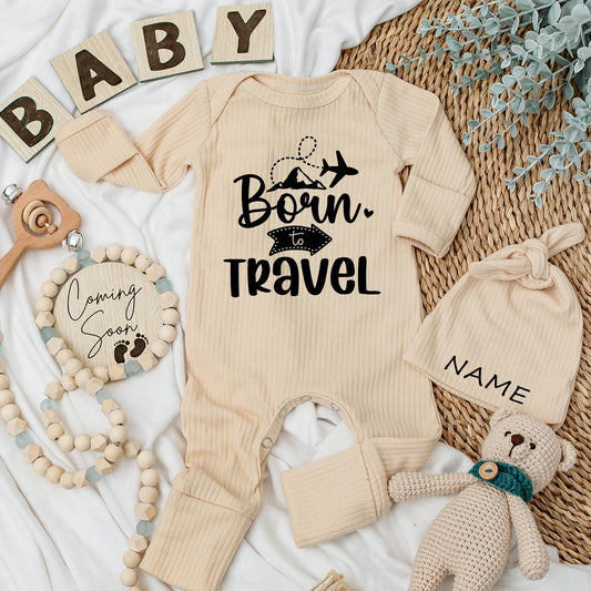 Born to Travel Baby Bodysuit and Hat Set Cute Newborn Going Home Outfit Natural Pregnancy Reveal Gift for Baby