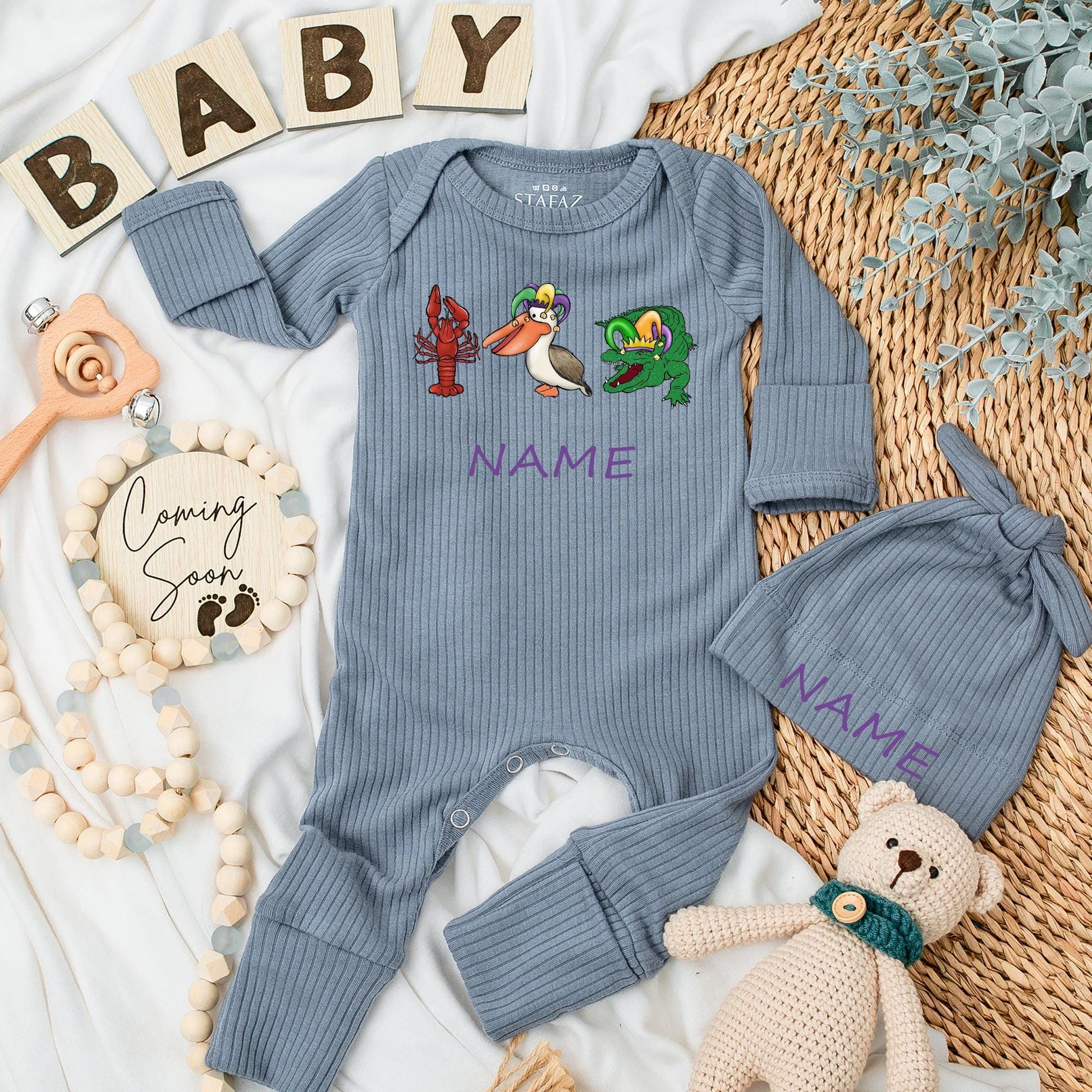 Cute Mardi Gras Baby Bodysuit and Hat Set for Infant Boys and Girls, Adorable Going Home Outfit Announcement Gift Pregnancy Reveal Party