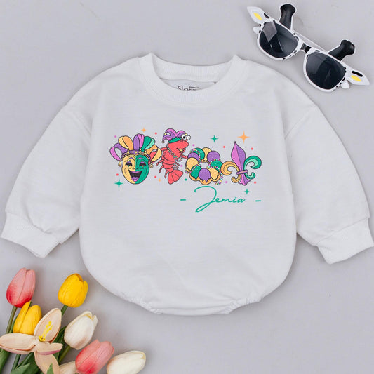 Personalized Happy Mardi Gras Baby Romper First Carnival Festival Outfit Infant Tee Baby Announcement Clothes