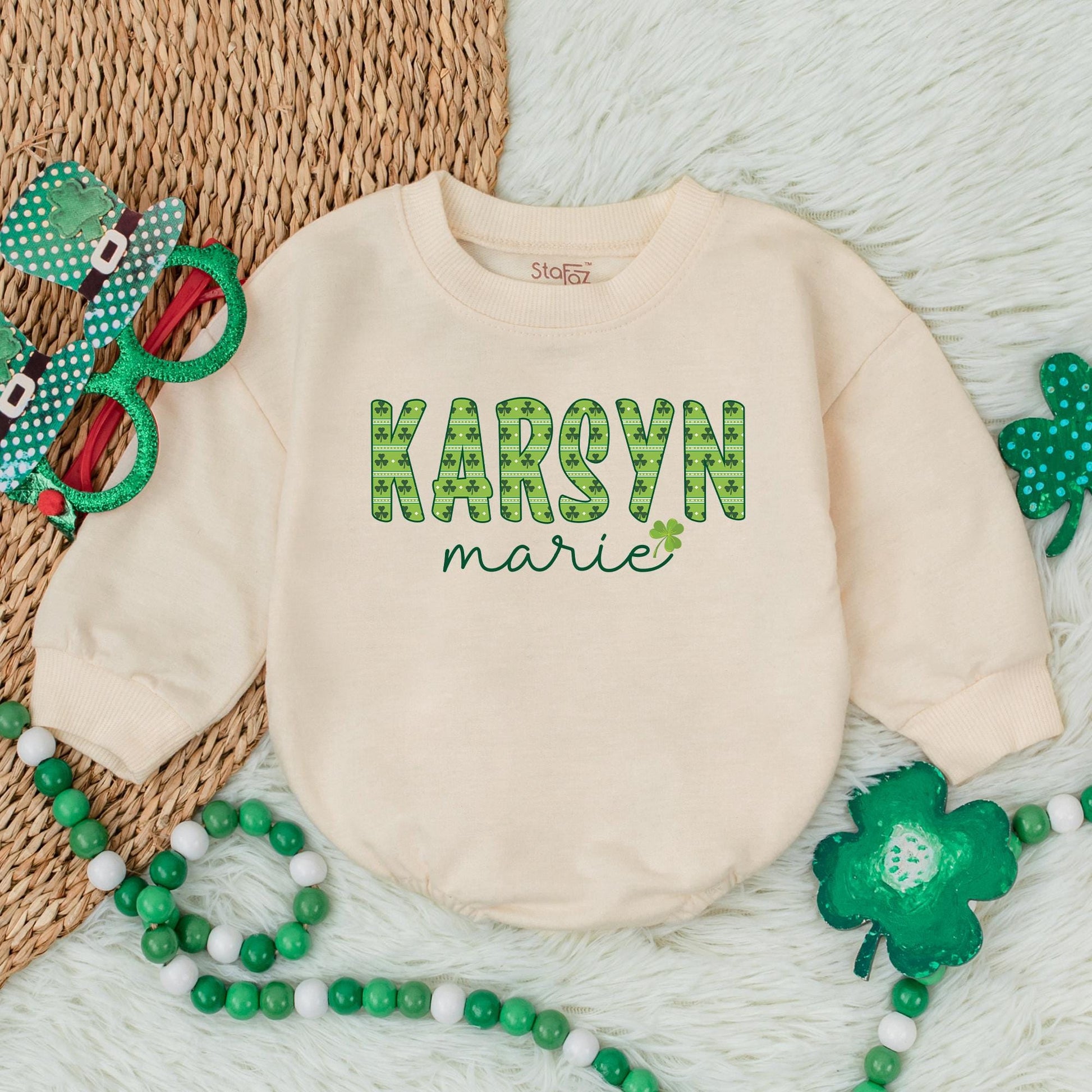 Personalized Lucky Shamrock Baby Romper Custom Name St Patrick's Day Bodysuit Clover Irish Baby Gift Outfit 135