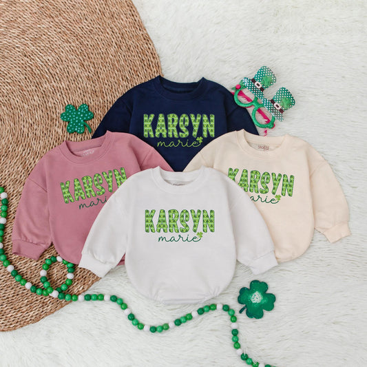 Personalized Lucky Shamrock Baby Romper Custom Name St Patrick's Day Bodysuit Clover Irish Baby Gift Outfit 135