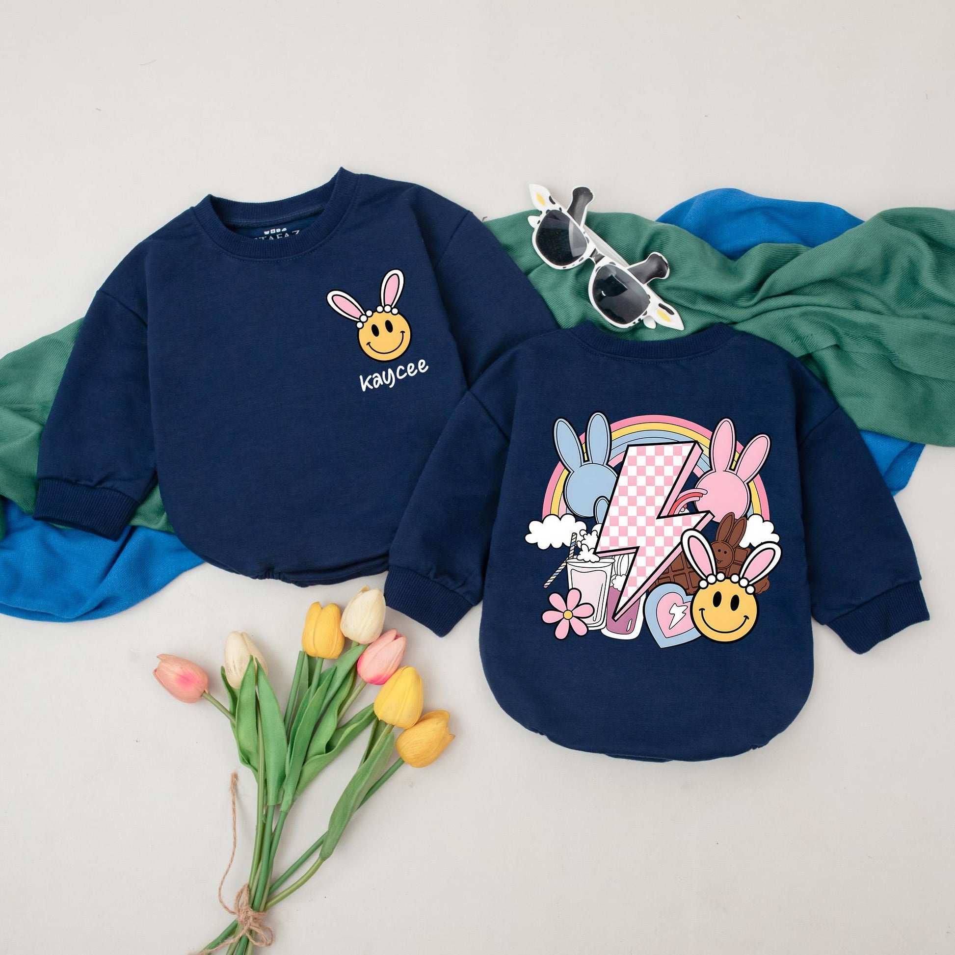 Kaycee's Groovy Easter Baby Romper with Bunny Ears & Pastel Rainbow, Personalized 1st Easter Outfit, Cute Bubble Bodysuit Gift
