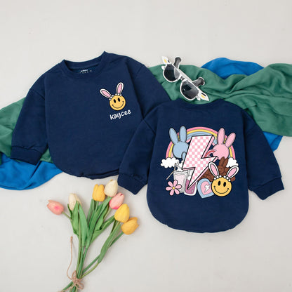Kaycee's Groovy Easter Baby Romper with Bunny Ears & Pastel Rainbow, Personalized 1st Easter Outfit, Cute Bubble Bodysuit Gift