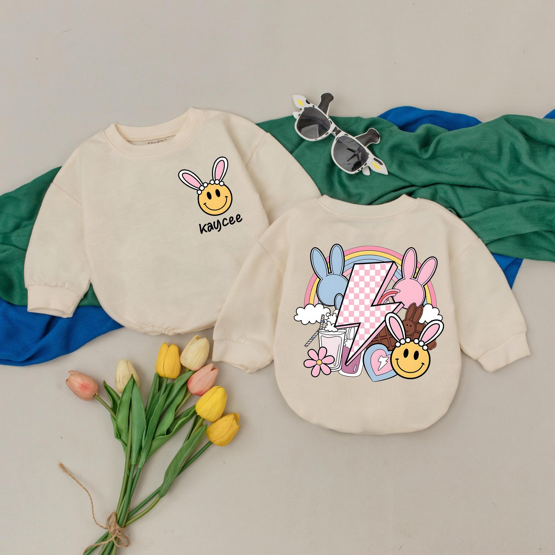 Kaycee's Groovy Easter Baby Romper with Bunny Ears & Pastel Rainbow, Personalized 1st Easter Outfit, Cute Bubble Bodysuit Gift