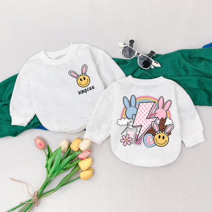 Kaycee's Groovy Easter Baby Romper with Bunny Ears & Pastel Rainbow, Personalized 1st Easter Outfit, Cute Bubble Bodysuit Gift
