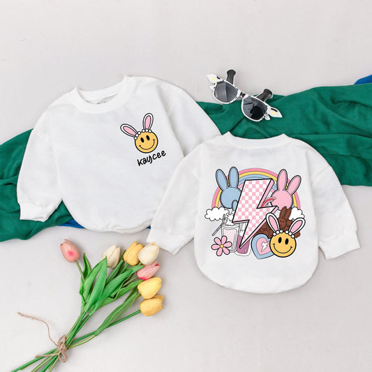 Kaycee's Groovy Easter Baby Romper with Bunny Ears & Pastel Rainbow, Personalized 1st Easter Outfit, Cute Bubble Bodysuit Gift