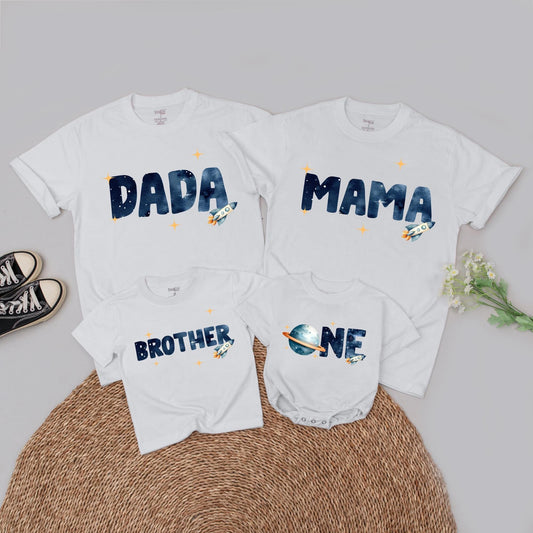 Personalized Space Birthday Family Matching T-Shirts with Rocket Starry Night Yellow Stars for First Trip Around The Sun 1st Birthday Boy Celebration