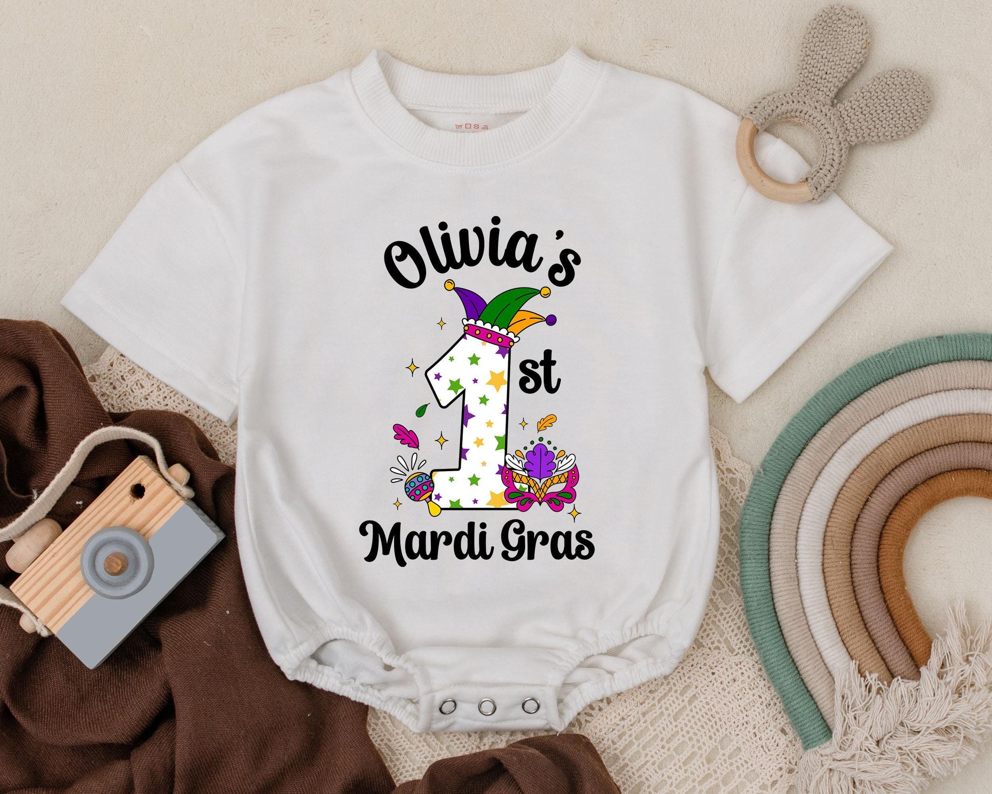 Personalized Mardi Gras Baby Romper Cute First Celebration Outfit Unisex Sweatshirt Bodysuit for Boys Girls Newborn Shower Gift