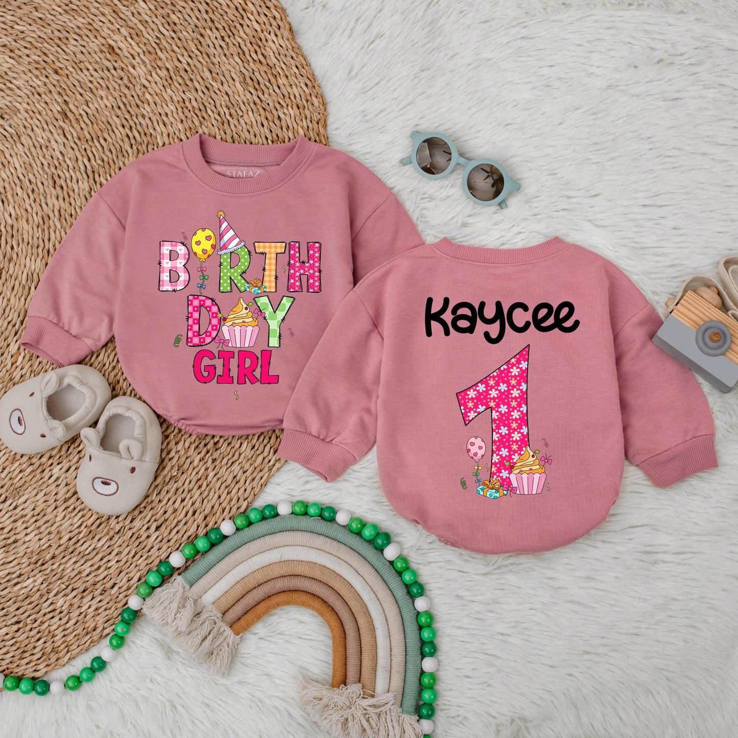Birthday Girl Bubble Romper Pink First Birthday Outfit for Baby Girl Custom Name Celebration Clothes Soft Cotton