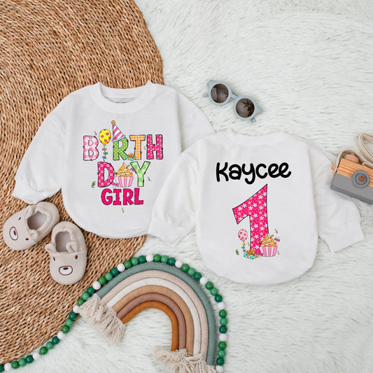 Birthday Girl Bubble Romper Pink First Birthday Outfit for Baby Girl Custom Name Celebration Clothes Soft Cotton
