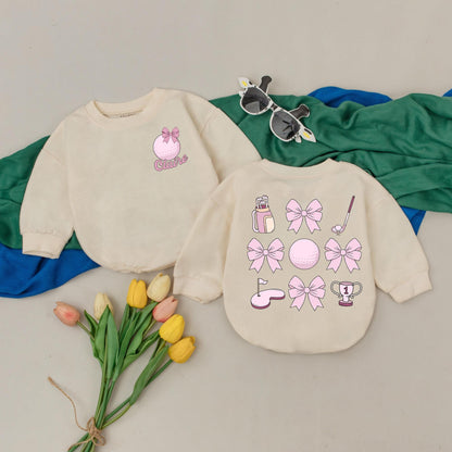 Pastel Golf Bow Baby Romper Personalized Pink Golf Birthday Outfit Kid Gift Gameday Season Bubble Romper Baby Girls Golf Outfit