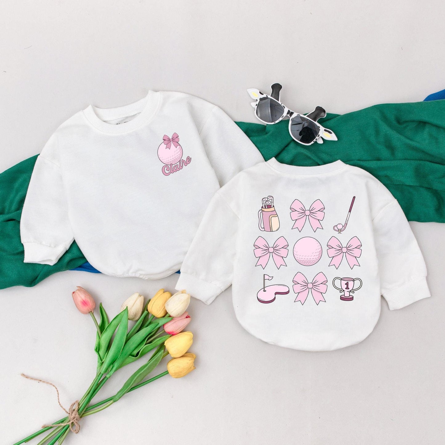 Pastel Golf Bow Baby Romper Personalized Pink Golf Birthday Outfit Kid Gift Gameday Season Bubble Romper Baby Girls Golf Outfit