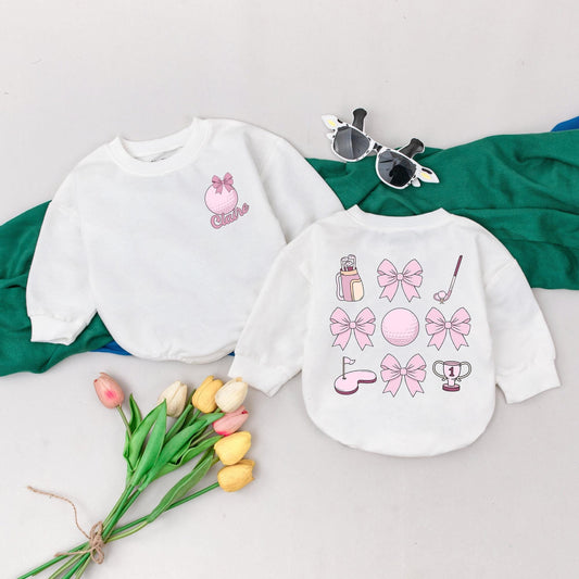 Pastel Golf Bow Baby Romper Personalized Pink Golf Birthday Outfit Kid Gift Gameday Season Bubble Romper Baby Girls Golf Outfit