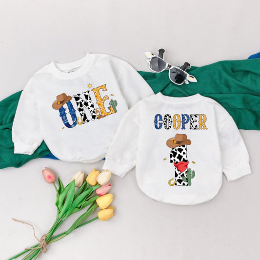 Personalized Western Cowboy 1st Birthday Romper for Baby Boy, Cow Print & Plaid Design, Wild One Outfit, Custom Cooper Name & 1st Rodeo