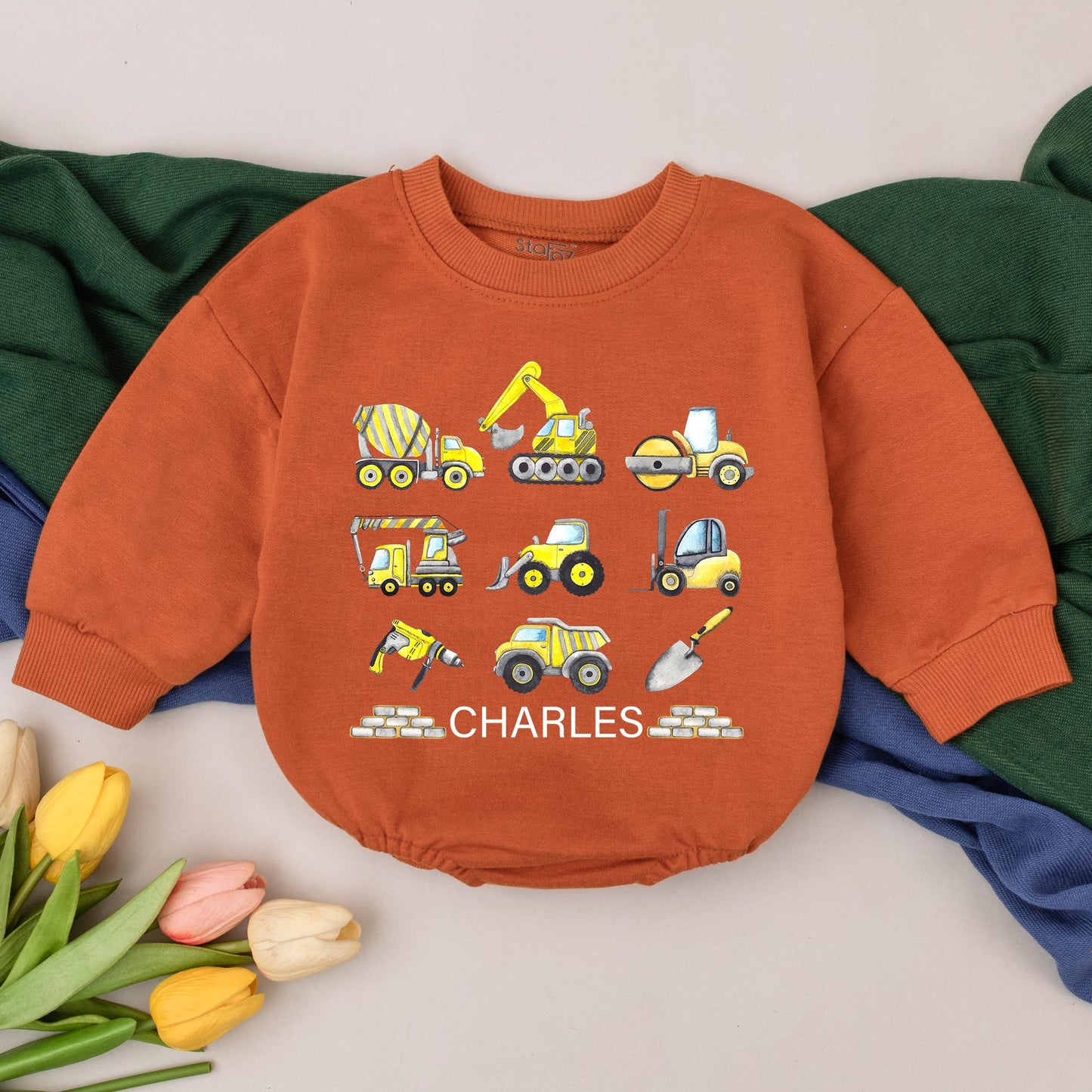 Personalized Construction Baby Romper - Excavator Dump Truck Design for Newborn Boys, Custom Infant Birthday Outfit, Baby Shower Gift