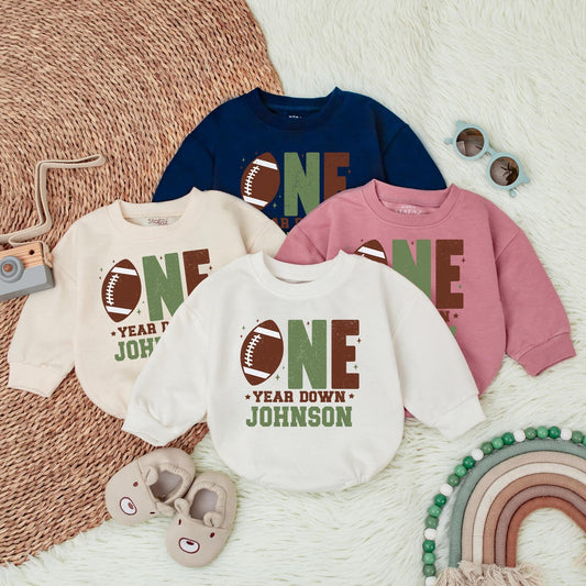 Football First Birthday Baby Bubble Romper - Personalized One Year Down Football Outfit for Baby Boy - Football 1st Birthday Theme