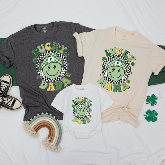 Retro Lucky Family Matching Shirts One Lucky Dude Mama Retro Smiley Face St Patrick's Day Gift