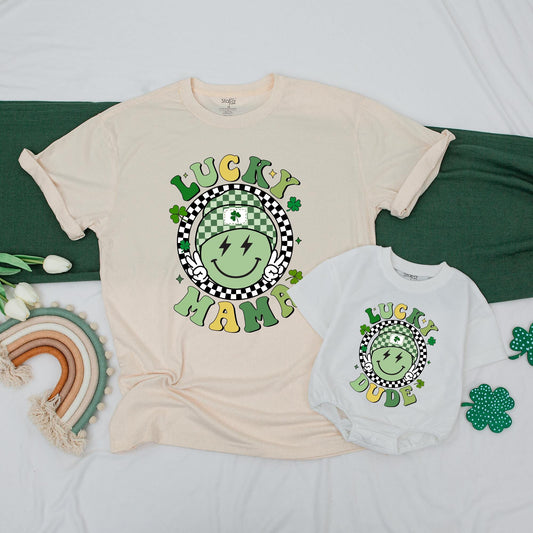 Retro Lucky Family Matching Shirts One Lucky Dude Mama Retro Smiley Face St Patrick's Day Gift