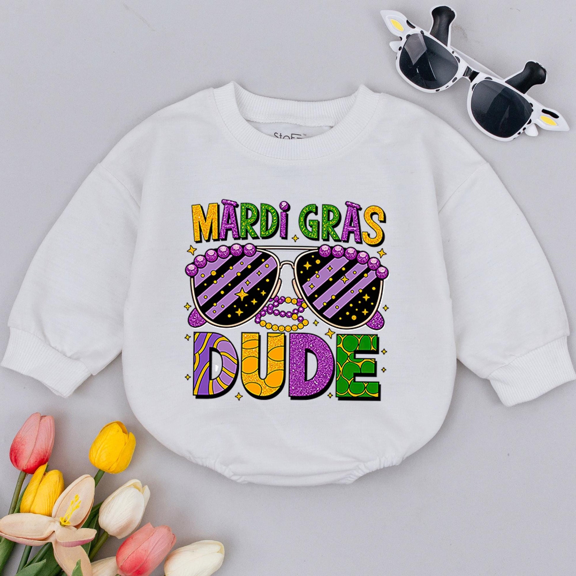 Mardi Gras Dude Baby Romper - First Parade Gift, Baby Announcement Clothes for Boys, Carnival Outfit, Flower de Luce Bodysuit