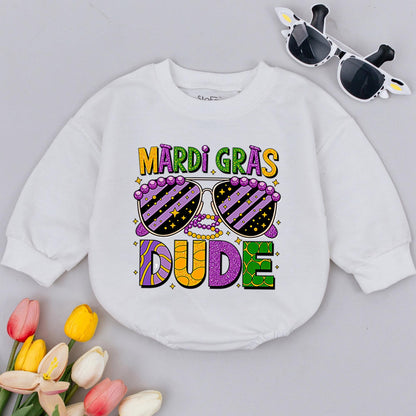 Mardi Gras Dude Baby Romper - First Parade Gift, Baby Announcement Clothes for Boys, Carnival Outfit, Flower de Luce Bodysuit