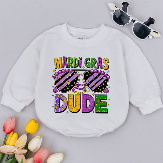 Mardi Gras Dude Baby Romper - First Parade Gift, Baby Announcement Clothes for Boys, Carnival Outfit, Flower de Luce Bodysuit