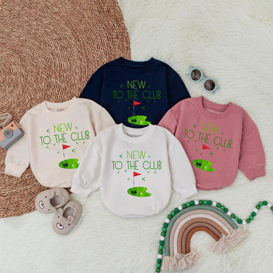 New To The Club Golf Baby Bubble Romper First Birthday Outfit Retro Toddler Boy Golf Shower Gift "Best Kid By Par" Smile Face