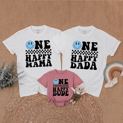 Matching One Happy Dude Birthday Shirt, Retro Smiley Face Boy Outfit, Family Matching Birthday Shirts, Cool Dude Cotton, 1st Birthday Party