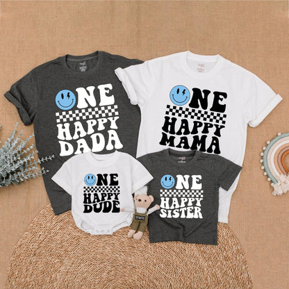 Matching One Happy Dude Birthday Shirt, Retro Smiley Face Boy Outfit, Family Matching Birthday Shirts, Cool Dude Cotton, 1st Birthday Party
