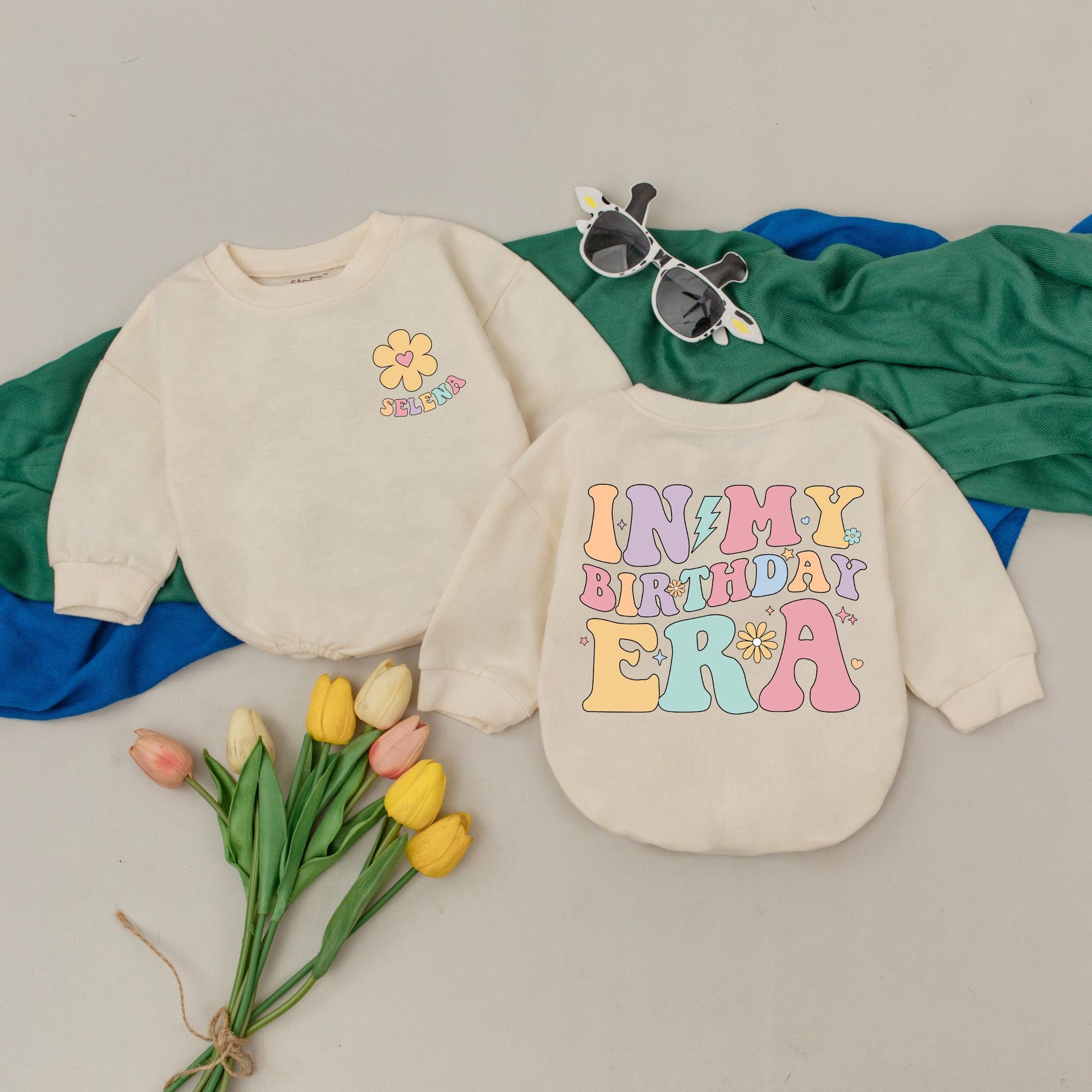 In My Birthday Era Romper Lavender Peach Mint Pastel Retro Flower Stars Baby Girl 1st Birthday Outfit Gift