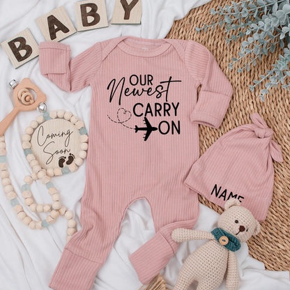 Airplane Travel Themed Carry On Baby Bodysuit and Hat Set Newborn Clothes, Gender Neutral Pregnancy Reveal Going Home Outfit, Baby Shower Gift