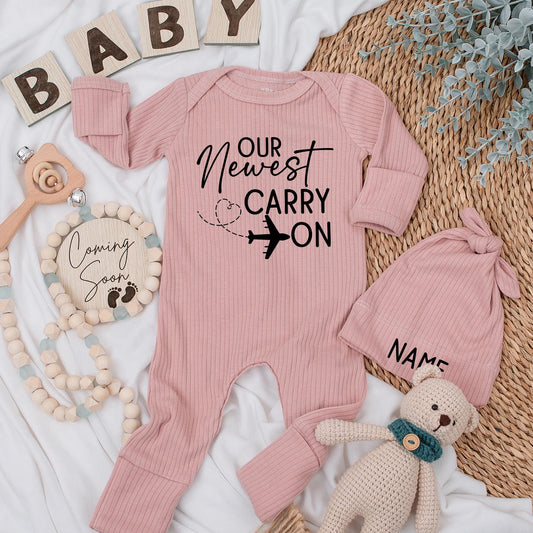 Airplane Travel Themed Carry On Baby Bodysuit and Hat Set Newborn Clothes, Gender Neutral Pregnancy Reveal Going Home Outfit, Baby Shower Gift