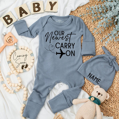Airplane Travel Themed Carry On Baby Bodysuit and Hat Set Newborn Clothes, Gender Neutral Pregnancy Reveal Going Home Outfit, Baby Shower Gift