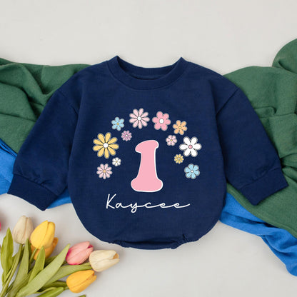 Kaycee's First Birthday Daisy Romper Boho Outfit Pastel Flowers 1 Year Old Girl Baby Clothes Groovy Celebration Gift