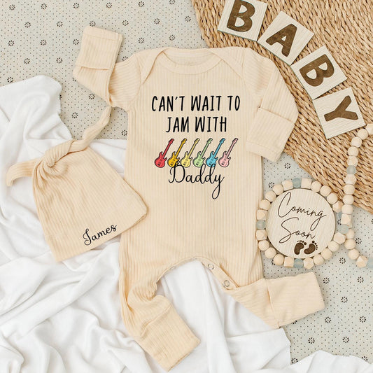 Can't Wait to Jam With Daddy Baby Bodysuit & Guitar Hat Set Cute Music Lover Outfit 0-24 Months Fun Family Gift