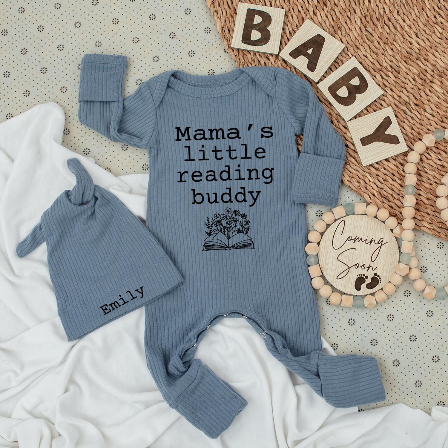 Mama's Little Reading Buddy Baby Bodysuit Newborn Book Lover Outfit Welcome Baby Gift Cozy Literary Theme Neutral Monochromatic Sweet Whimsical