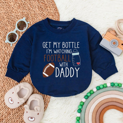 Get My Bottle I'm Watching Football with Daddy First Birthday Baby Bubble Romper Game Day Football Theme Outfit Soft Cotton Infant Apparel